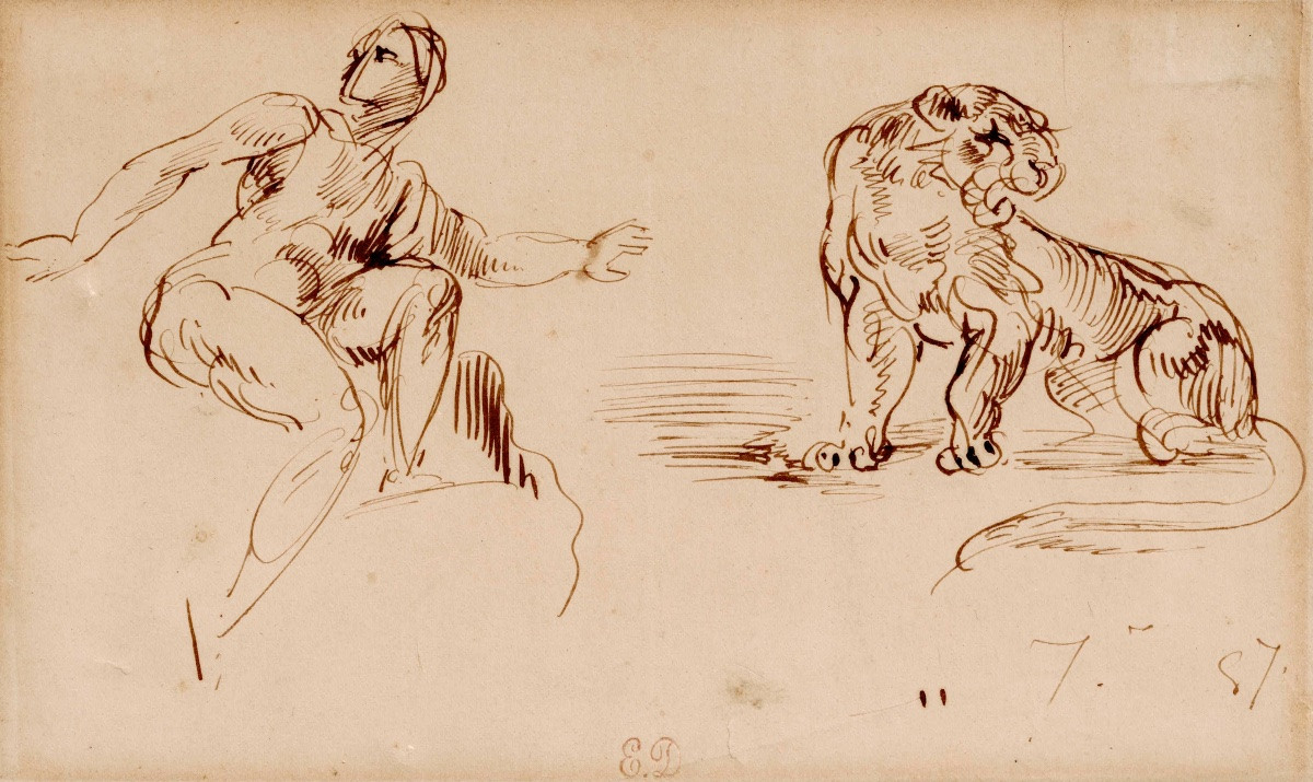 Eugène DELACROIX - Dessin original - Étude d’un personnage et d’un félin.-photo-2