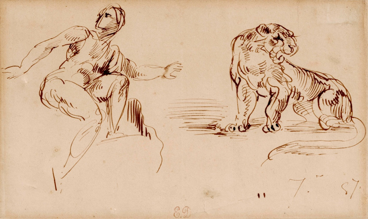 Eugène DELACROIX - Dessin original - Étude d’un personnage et d’un félin.