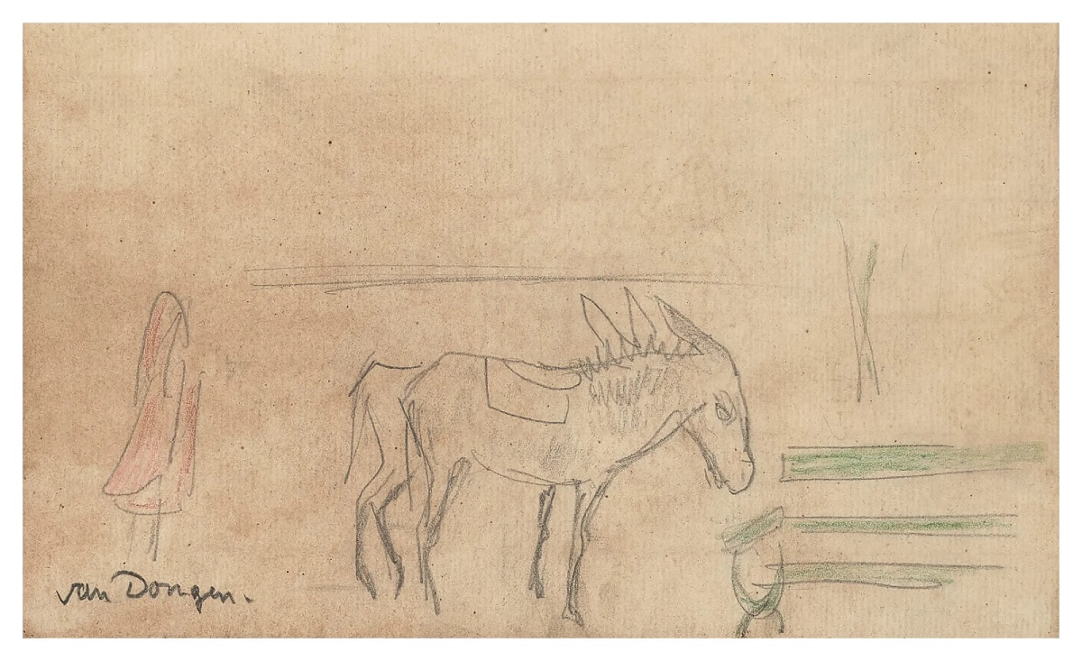Kees VAN DONGEN - Dessin original signé - Deux ânes et un banc. -photo-2