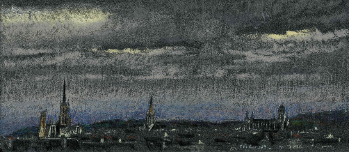  Jean-Baptiste SÉCHERET. Œuvre originale signée. "Rouen" - Pastel sur papier fort.