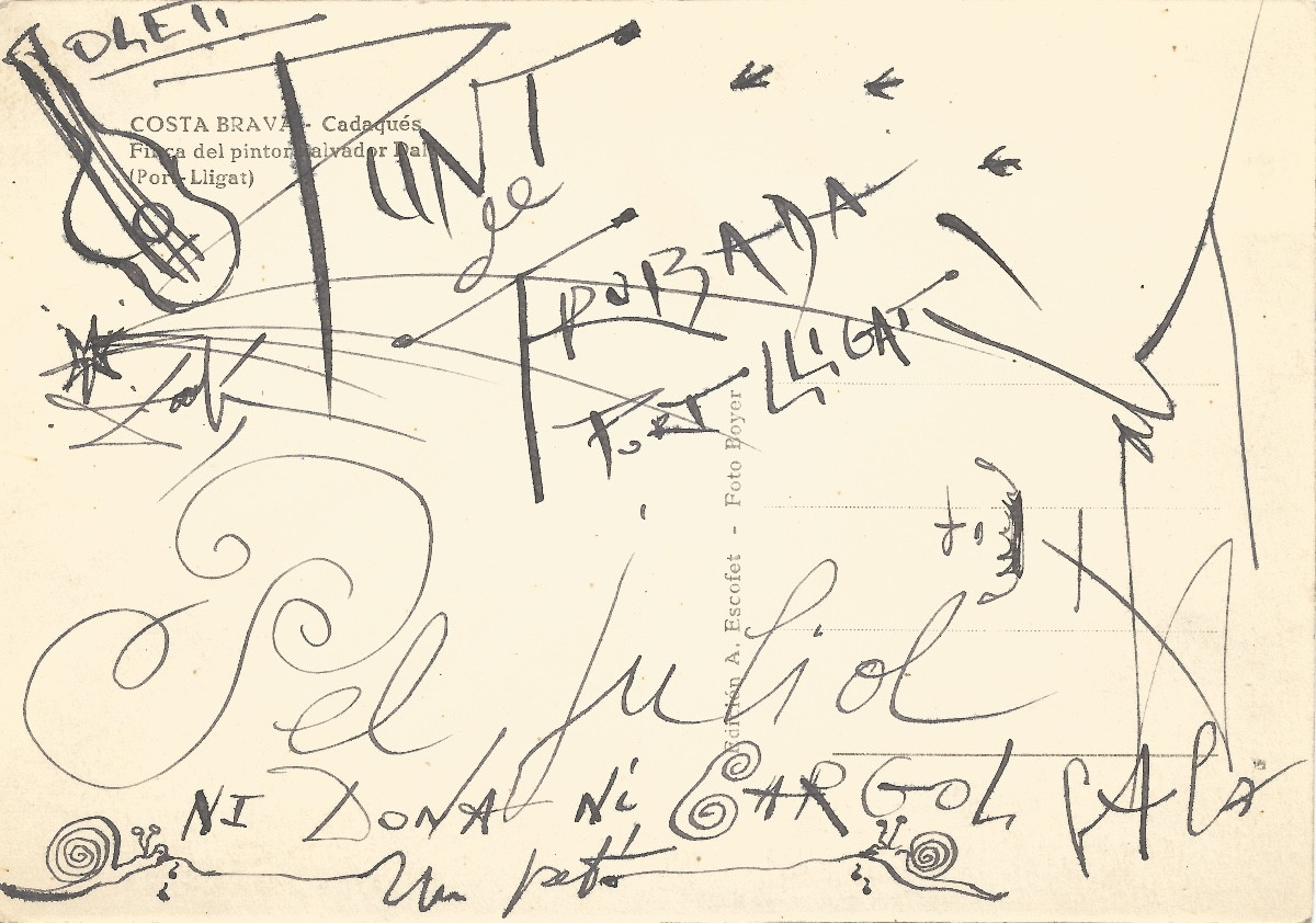 Salvador DALI - Carte autographe signée à Pablo PICASSO avec dessins originaux. 