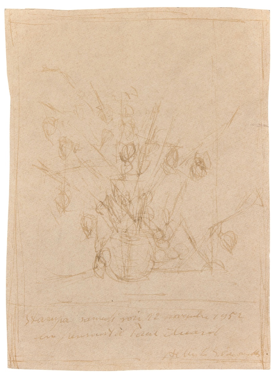 Alberto GIACOMETTI - Dessin original signé. Encre sur papier fort. "À Paul Eluard".