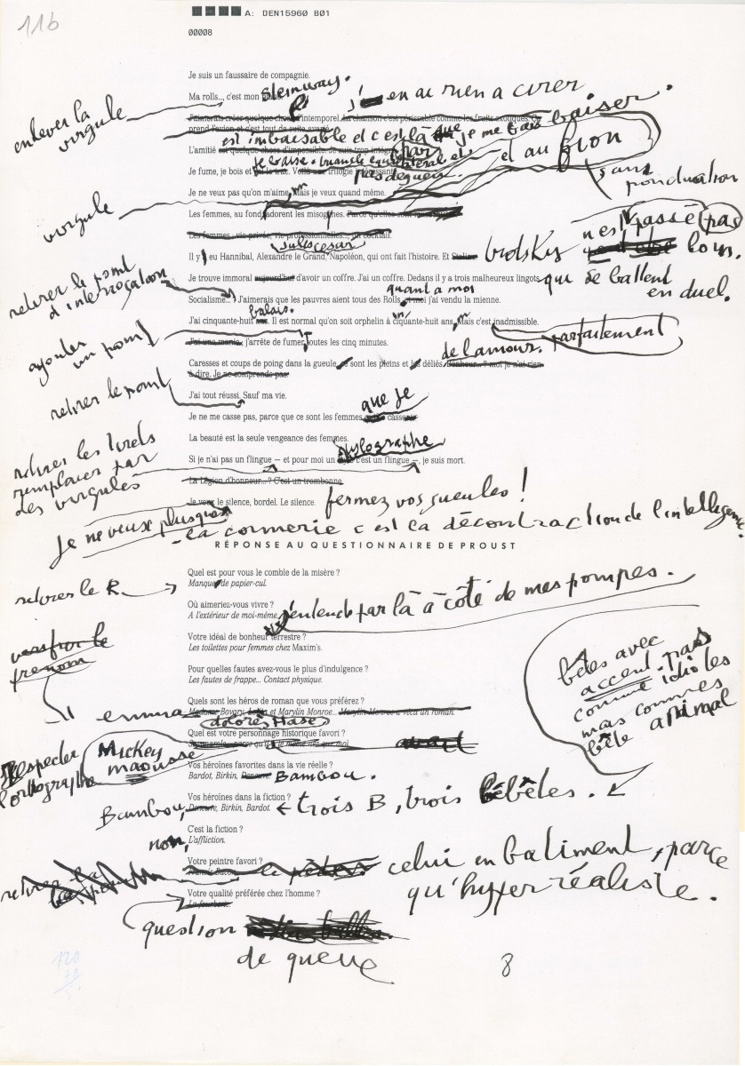  Serge GAINSBOURG - Aphorismes et questionnaire de Proust. Notes autographes.