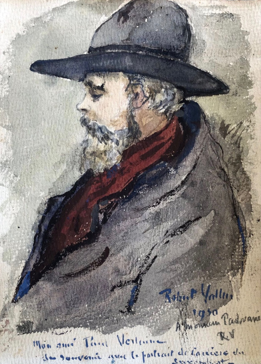 Portrait Of Paul Verlaine By Robert Vallin. Original Watercolor. 