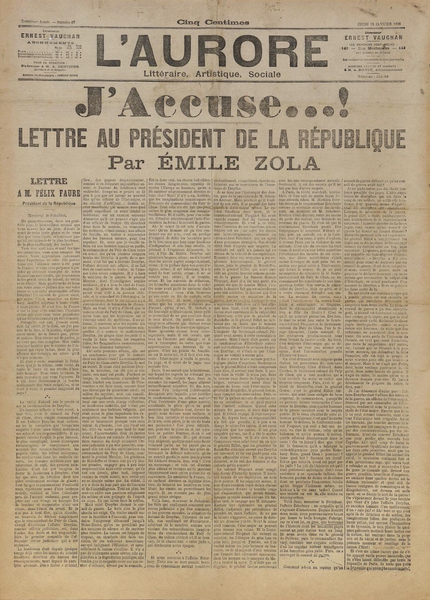 [the Dreyfus Affair] - émile Zola, “j’accuse…!” First Edition From *l’aurore*, January 13, 1898.
