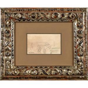Kees VAN DONGEN - Dessin original signé - Deux ânes et un banc. 