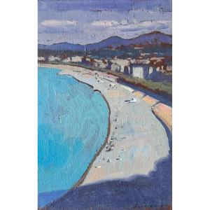 Jean-Baptiste SÉCHERET.  Œuvre originale signée. "Nice, la baie des Anges" - Huile sur carton