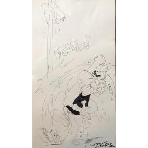 Albert UDERZO - Dessin original signé - "Astérix boxant un Romain"