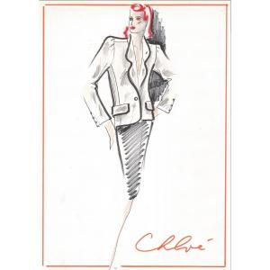 Karl LAGERFELD - Dessin original.  Feutres et crayon sur papier.