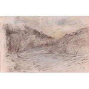 Eugène BOUDIN (1824.1898) Dessin original – Étude de paysage. Pastel et crayon noir.