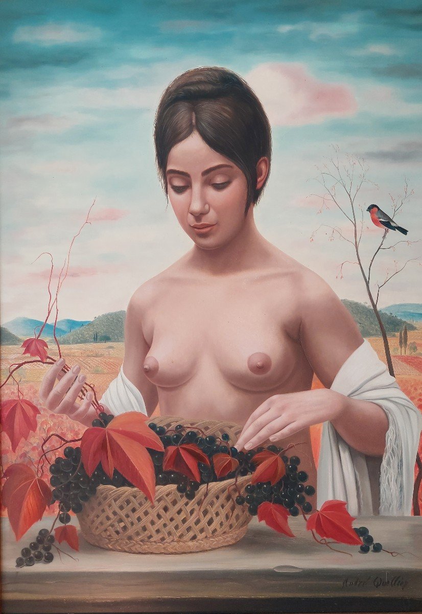 Allegory Of Autumn. Acrylic On Panel By André Quellier (1925 - 2010). Sign. 92x65cm.-photo-2