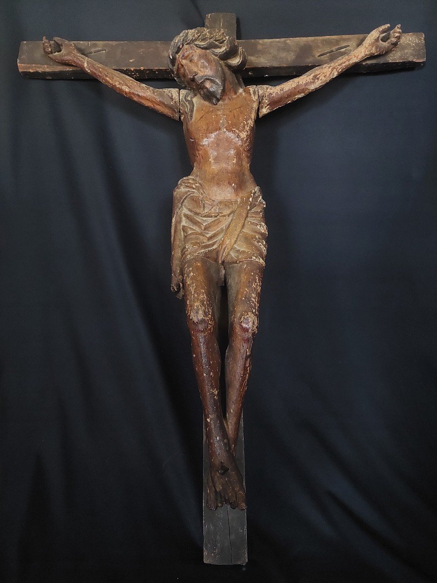 GRAND CHRIST EN CROIX POLYCHROME. CRUCIFIX EN BOIS  Fin XVe Siècle.  France-photo-1