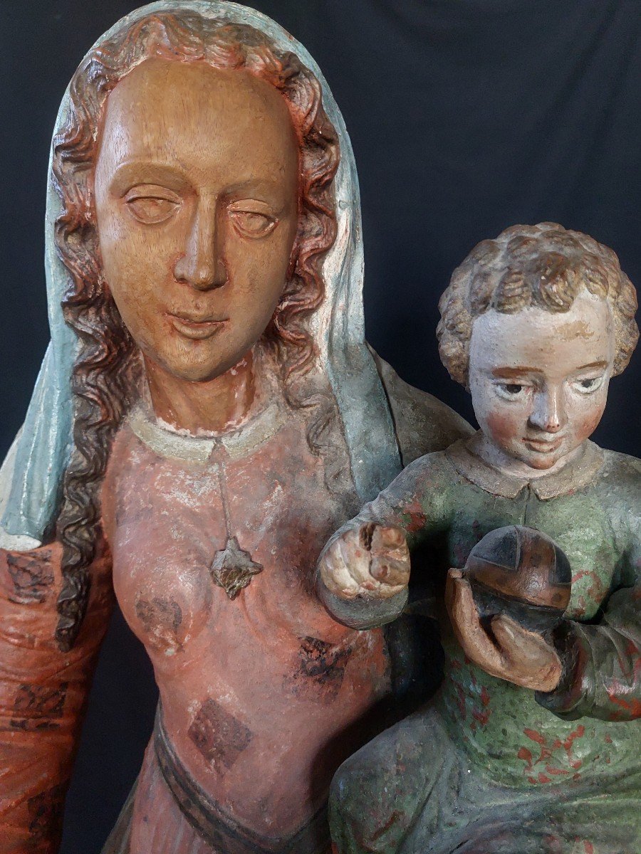 Large Virgin And Child In Polychrome Wood XVIth Century France Or Switzerland-photo-2