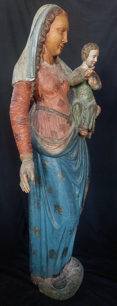 Large Virgin And Child In Polychrome Wood XVIth Century France Or Switzerland-photo-3