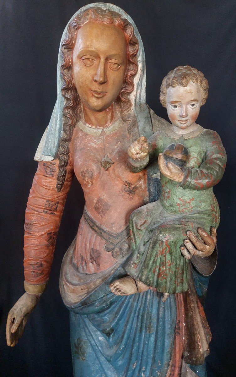Large Virgin And Child In Polychrome Wood XVIth Century France Or Switzerland-photo-2