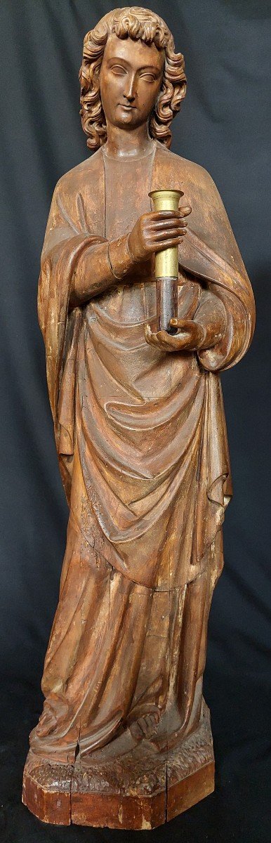 Statue d'Un Ange Thuriféraire en bois. France autour de 1800  dans le style gothique de 1300.-photo-1