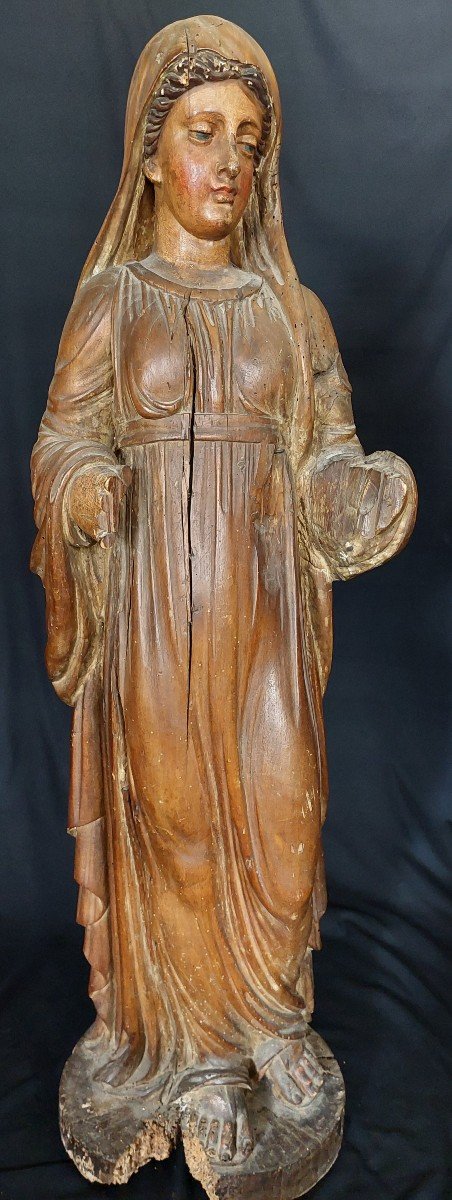 Grande statue en bois partiellement polychrome d'une Vierge. Travail français autour de 1800 -photo-3
