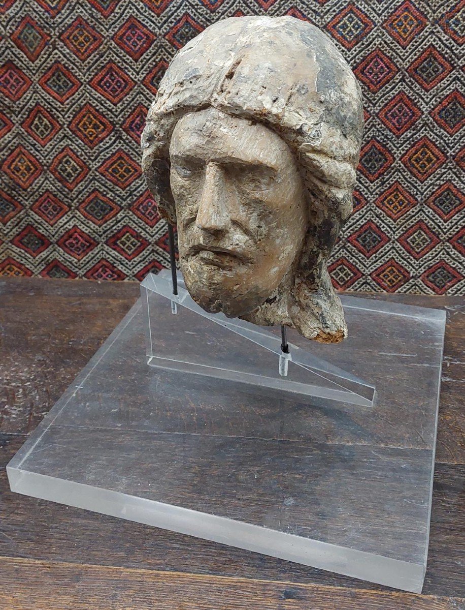 Tête Christ Bois polychrome  XIIIe Siècle-photo-1