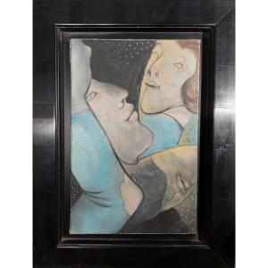 Jean Pierre Ceytaire Trio Lovers Oil On Canvas Framed