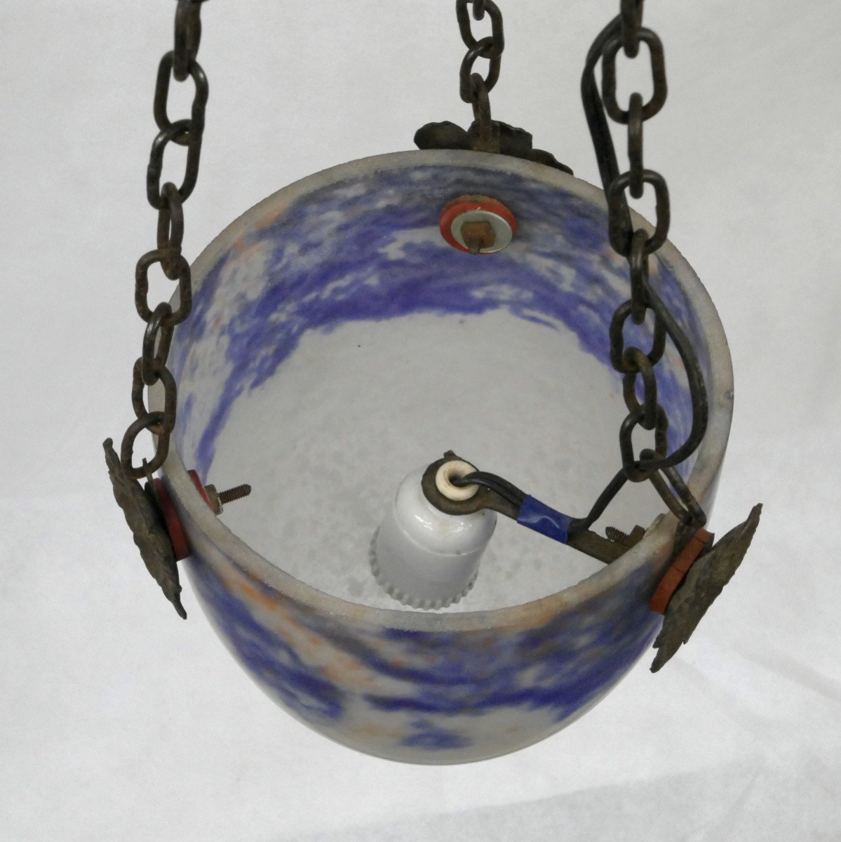 Noverdy, Suspension Art Déco En Verre Jaspé Bleu.-photo-3
