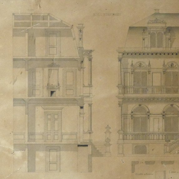 Dessin d'Architecture Fin XIXe Siècle, Style Renaissance, Jean Lacoste, 1896.-photo-4
