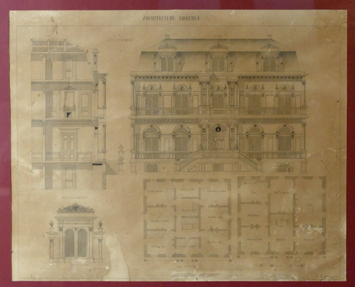 Dessin d'Architecture Fin XIXe Siècle, Style Renaissance, Jean Lacoste, 1896.