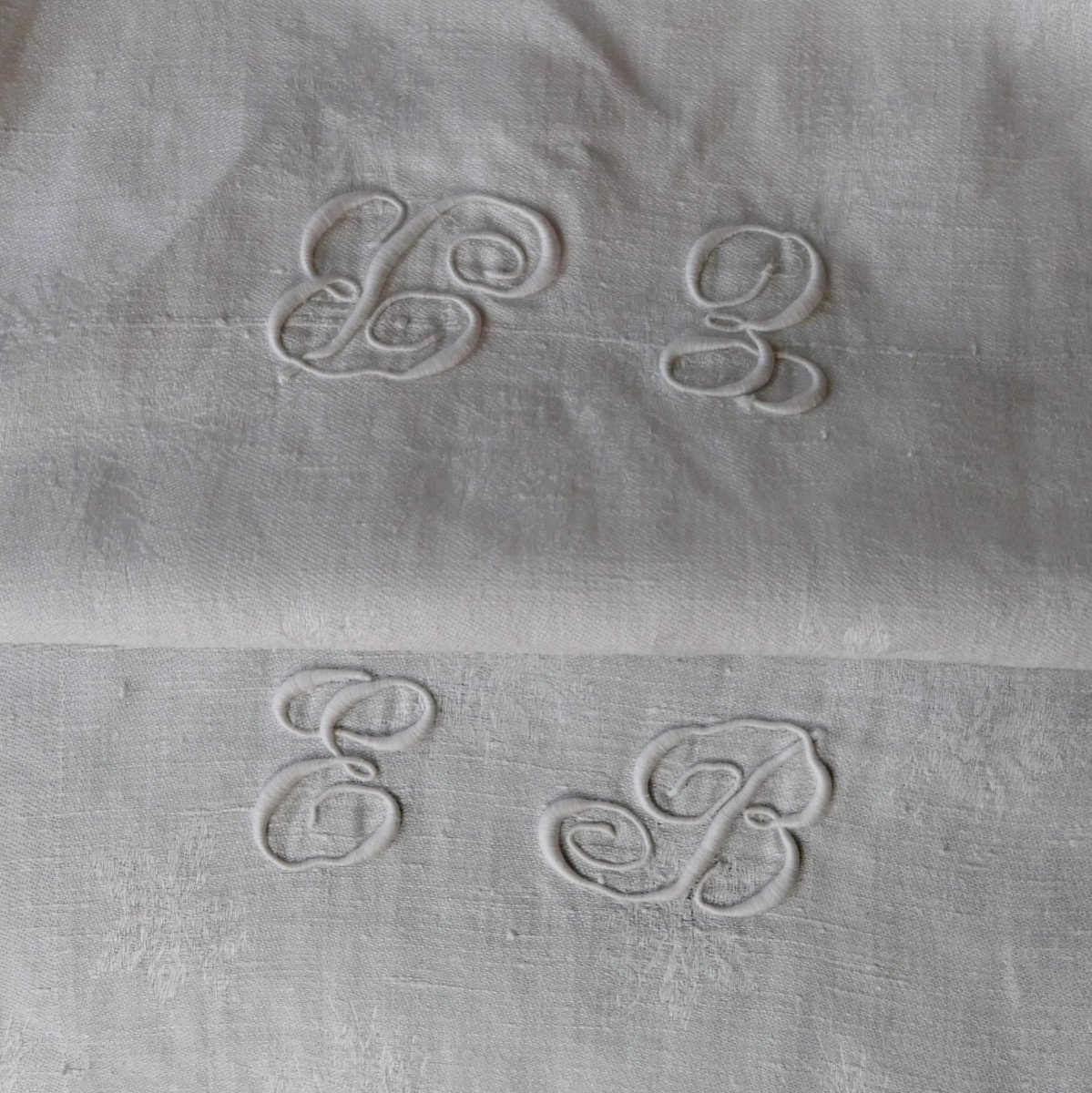 Double Monogram Damask Tablecloth “eb”, Art Nouveau.-photo-2