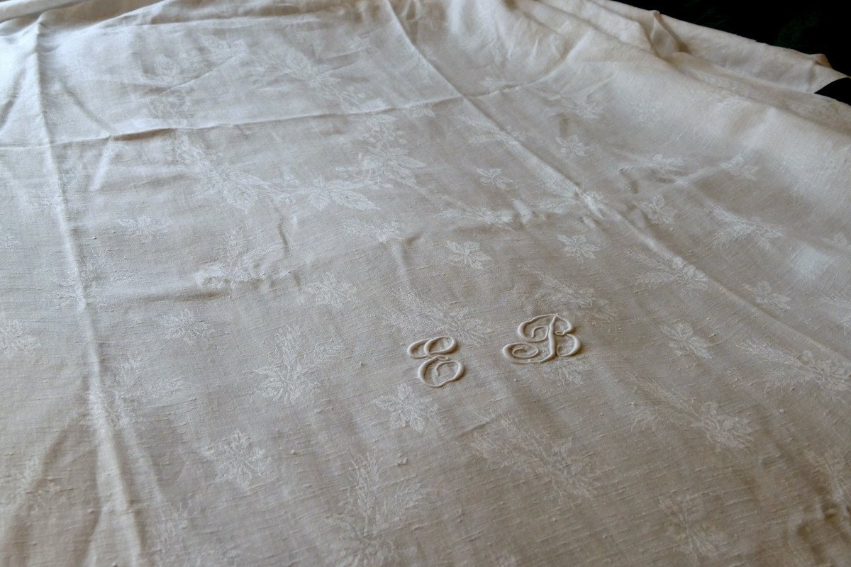 Double Monogram Damask Tablecloth “eb”, Art Nouveau.-photo-1
