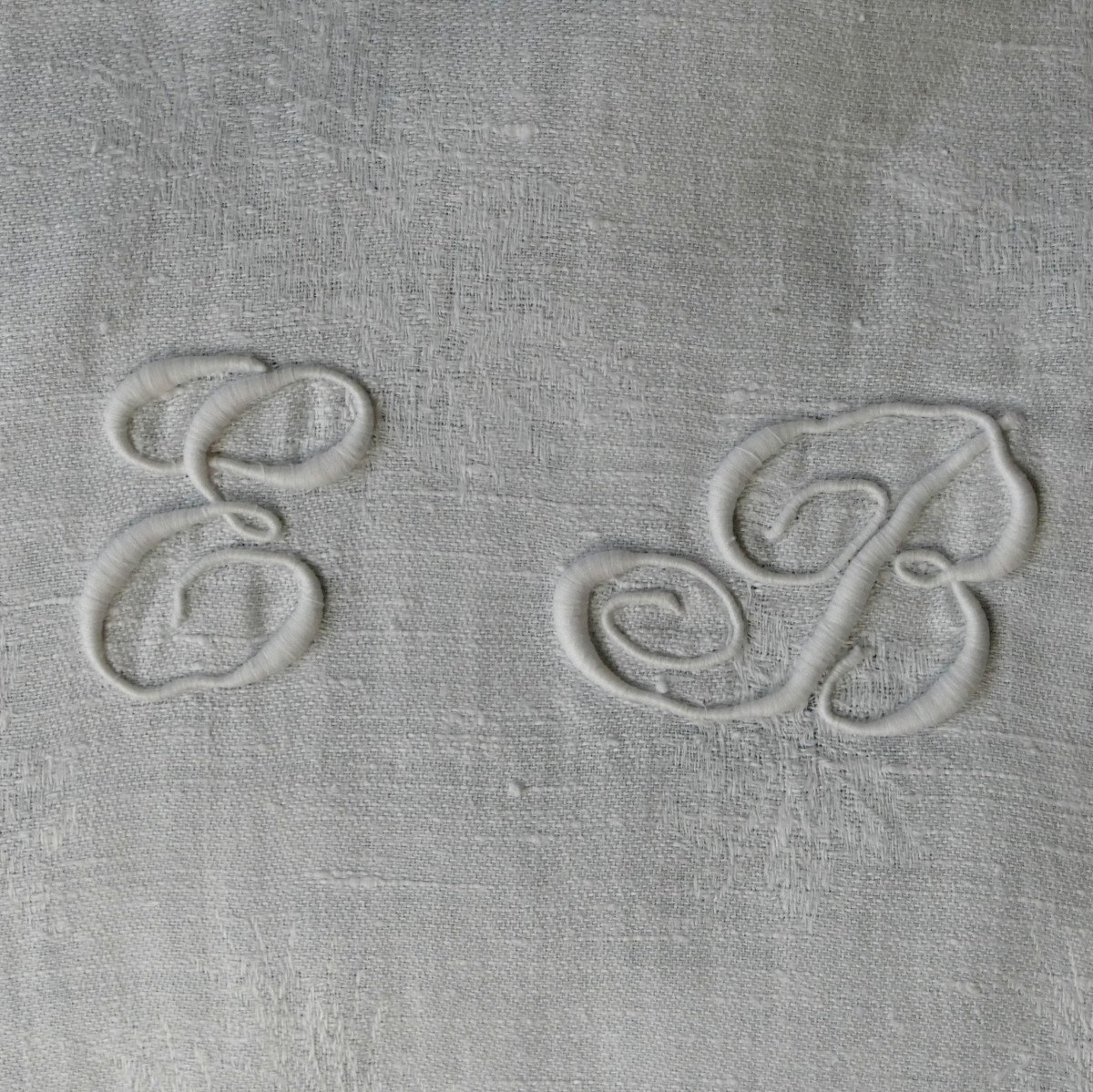 Double Monogram Damask Tablecloth “eb”, Art Nouveau.