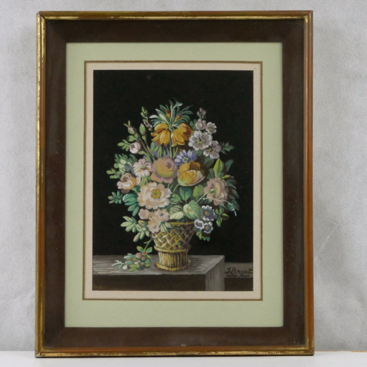 Paire De Bouquets De Fleurs, Gouache, Fin XIXe Siècle. -photo-3