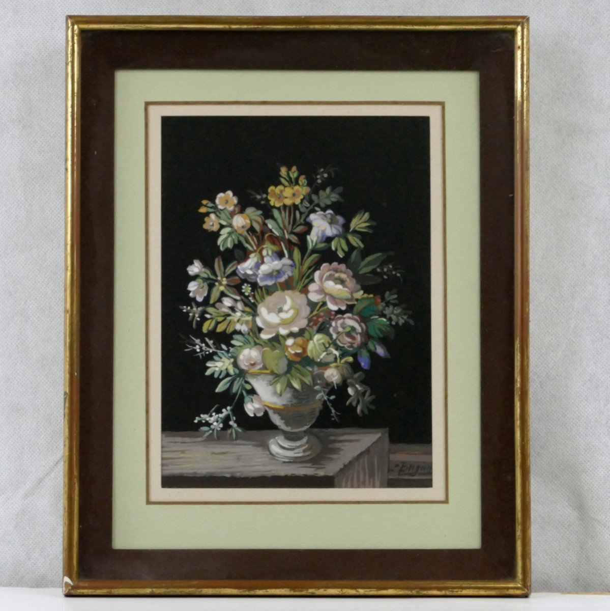 Paire De Bouquets De Fleurs, Gouache, Fin XIXe Siècle. -photo-1