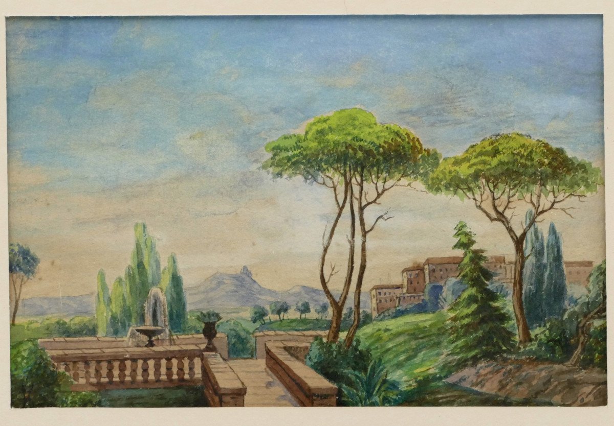 Gouache sur papier XVIIIe siècle, « Vue d'Italie ».-photo-2