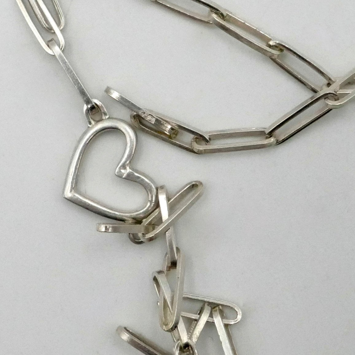 Half-parure In Sterling Silver 1950, Heart Necklace And Rectangle Bracelet.-photo-3