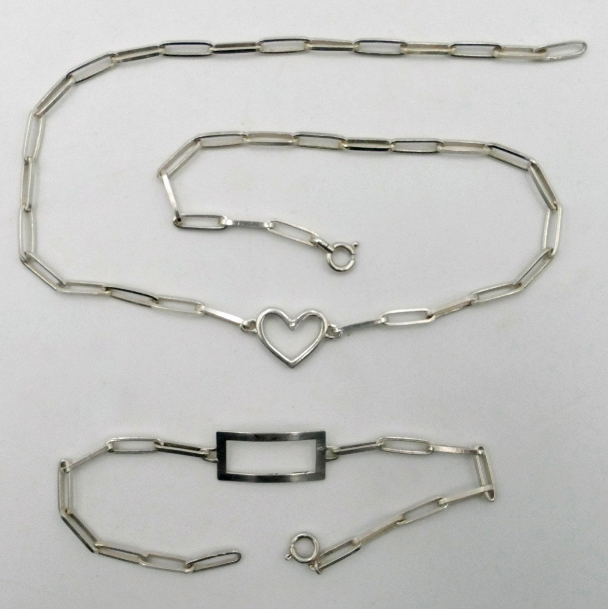Half-parure In Sterling Silver 1950, Heart Necklace And Rectangle Bracelet.