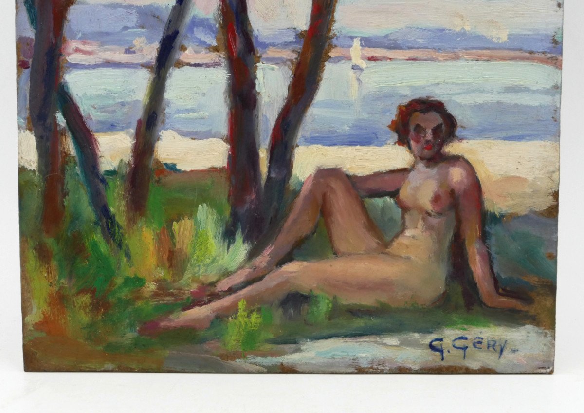 Female Nude By The Sea, 1930s/1940s, G Géry, Oil On Hardboard.-photo-2