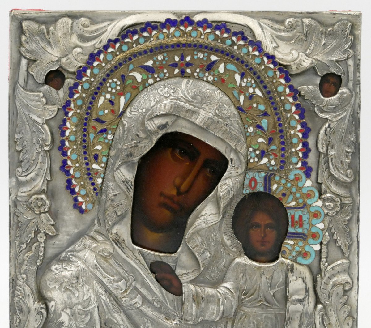 Icône Russe, Vierge De Kazan, Fin Du XIXe Siècle, Tempera, émail Cloisonné, Cuivre Argenté.-photo-2