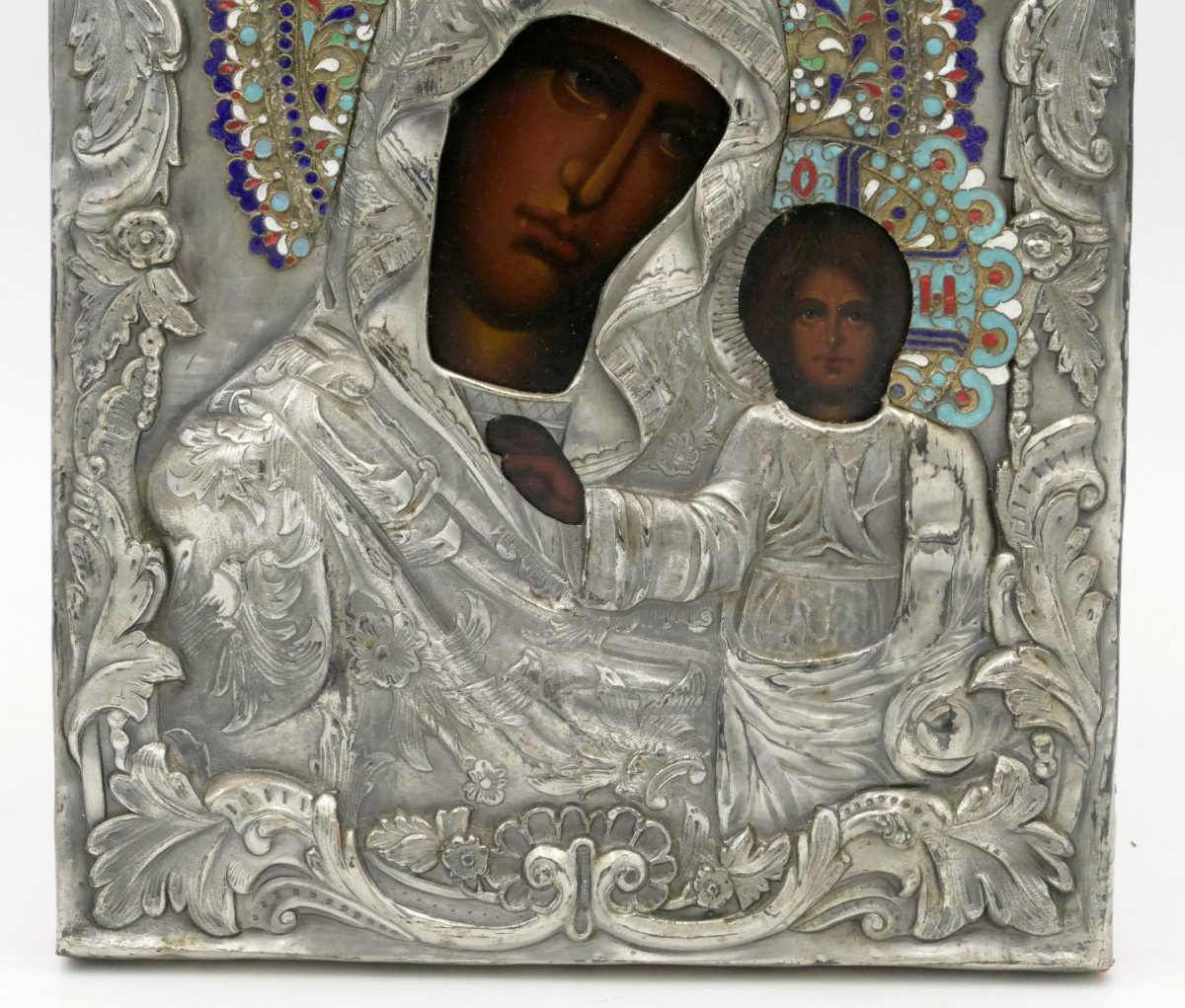 Icône Russe, Vierge De Kazan, Fin Du XIXe Siècle, Tempera, émail Cloisonné, Cuivre Argenté.-photo-3