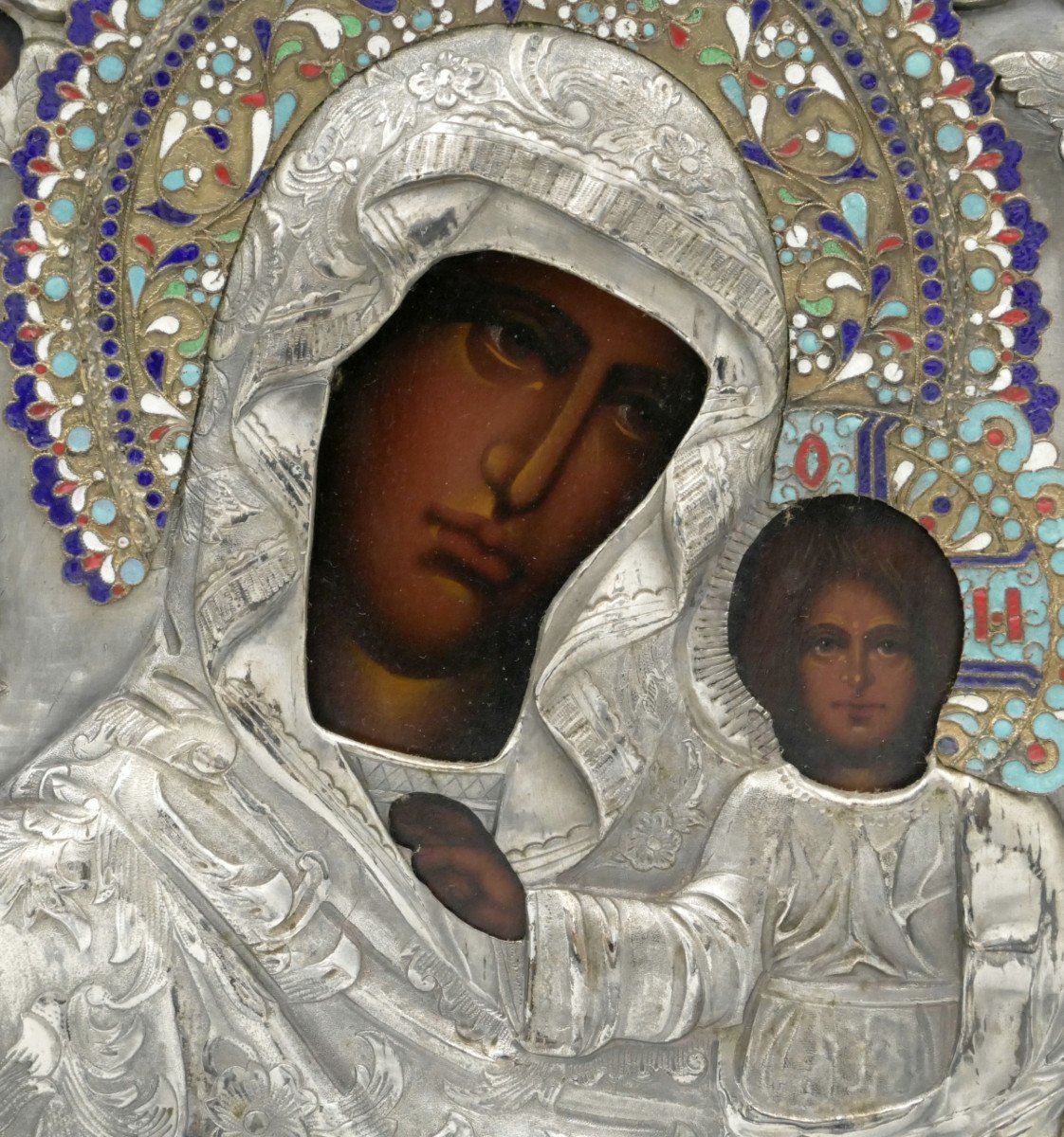 Icône Russe, Vierge De Kazan, Fin Du XIXe Siècle, Tempera, émail Cloisonné, Cuivre Argenté.-photo-1