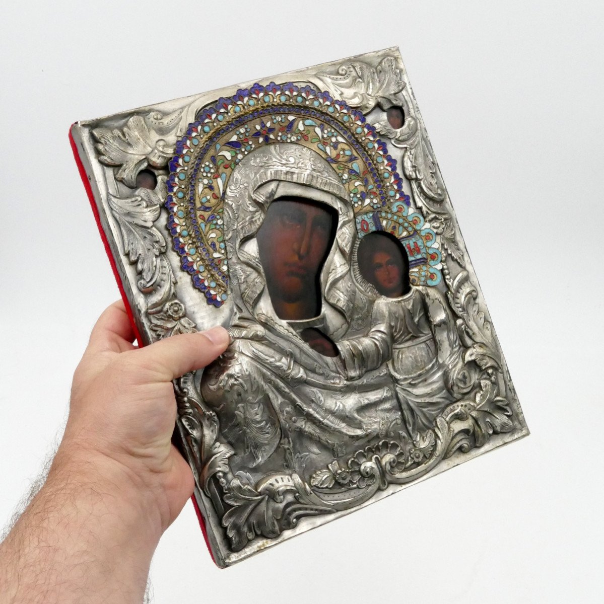 Icône Russe, Vierge De Kazan, Fin Du XIXe Siècle, Tempera, émail Cloisonné, Cuivre Argenté.-photo-5