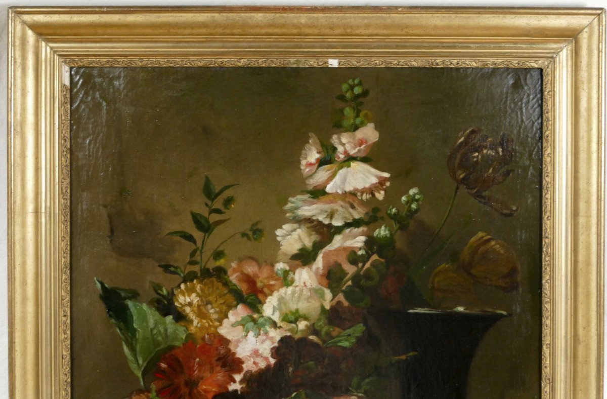Melon And Bouquet Of Hollyhocks In Chiaroscuro, Oil On Canvas 19th Century.-photo-1
