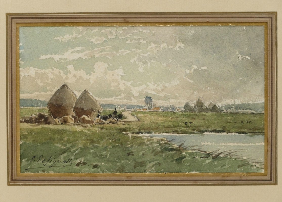 Designolle Ernest (1850-1941). “landscape With Haystacks”, Watercolor, Early 20th Century.-photo-2