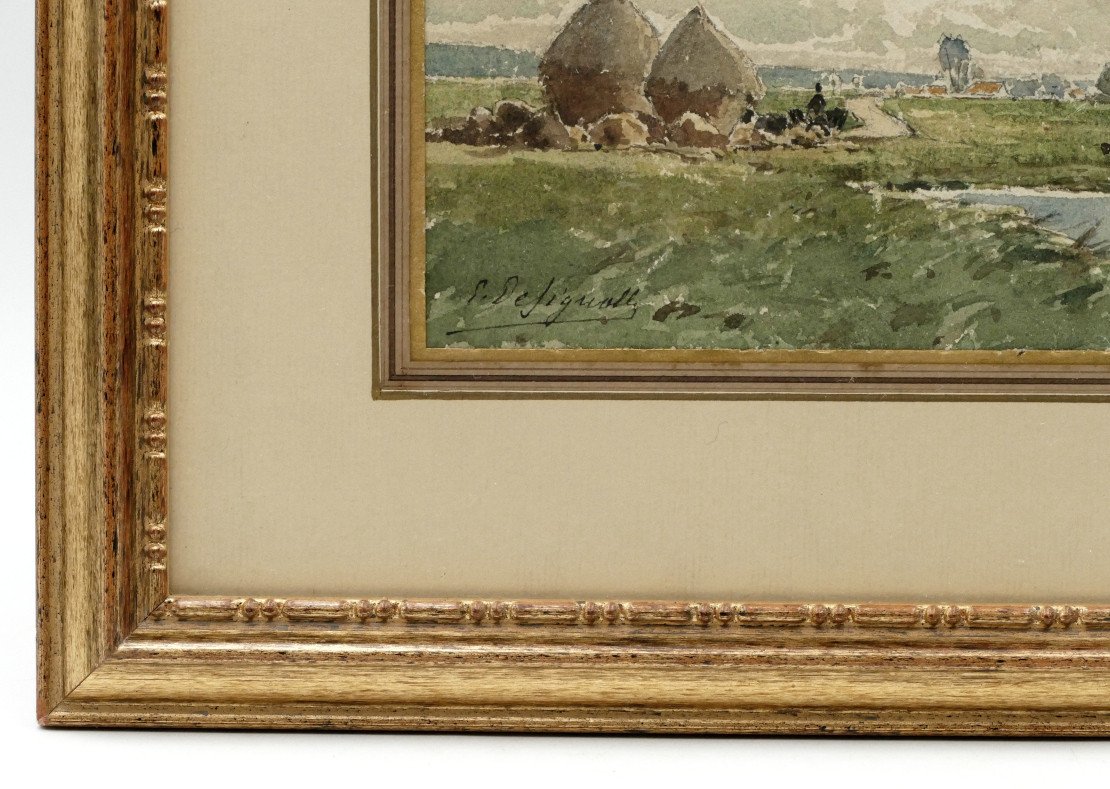 Designolle Ernest (1850-1941). “landscape With Haystacks”, Watercolor, Early 20th Century.-photo-3