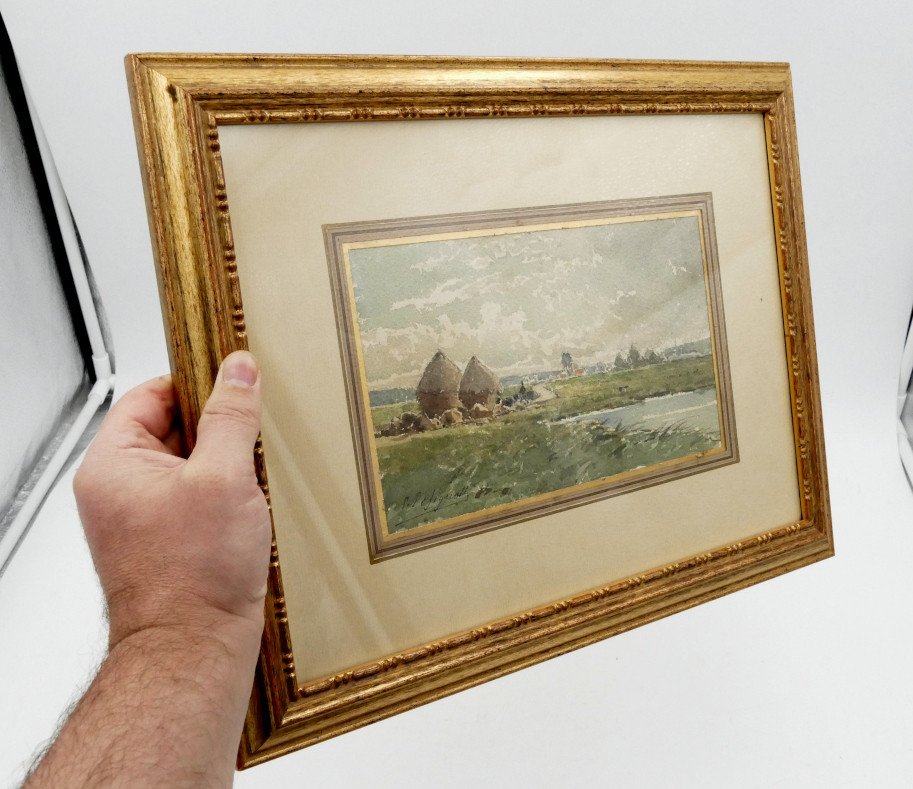 Designolle Ernest (1850-1941). “landscape With Haystacks”, Watercolor, Early 20th Century.-photo-5