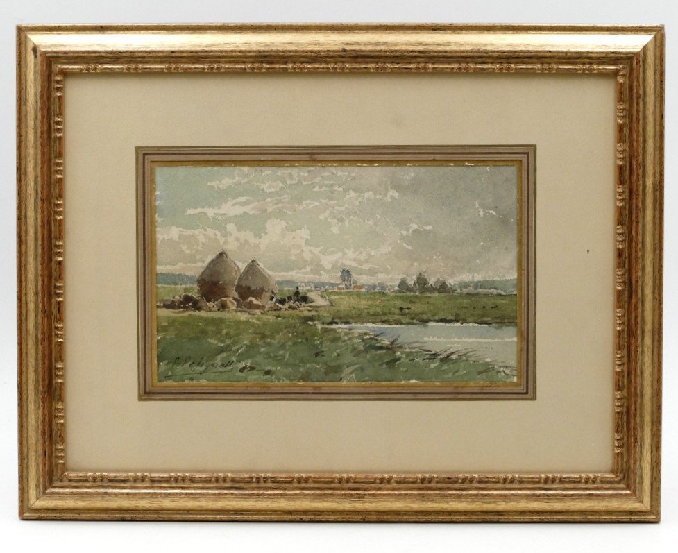 Designolle Ernest (1850-1941). “landscape With Haystacks”, Watercolor, Early 20th Century.