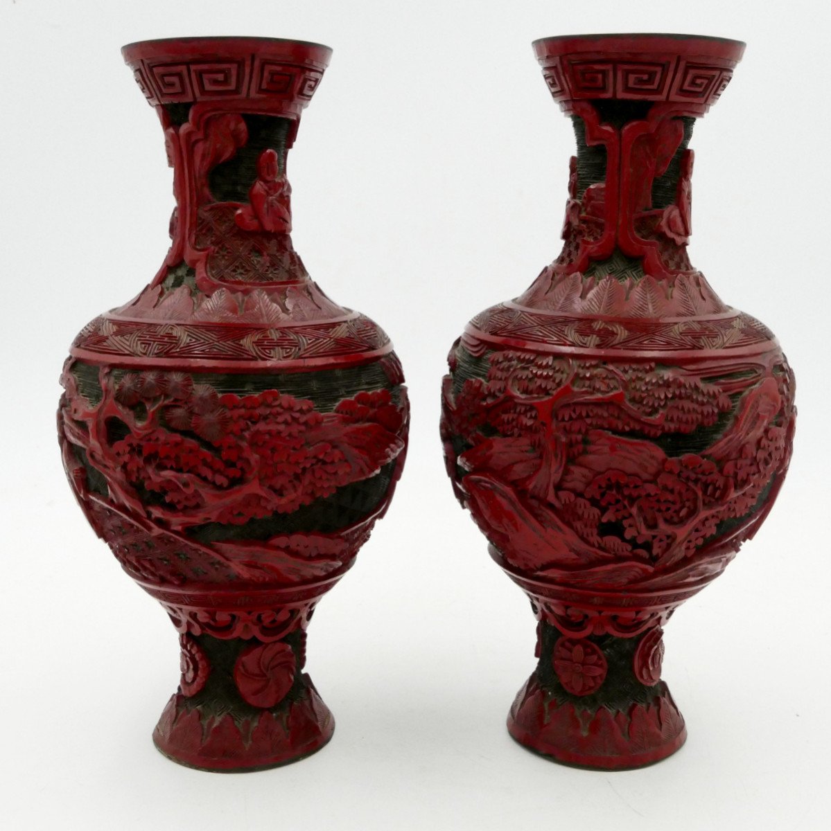 China, Pair Of Cinnabar Lacquer Vases, 19th Century, Figures, Landscapes. -photo-2