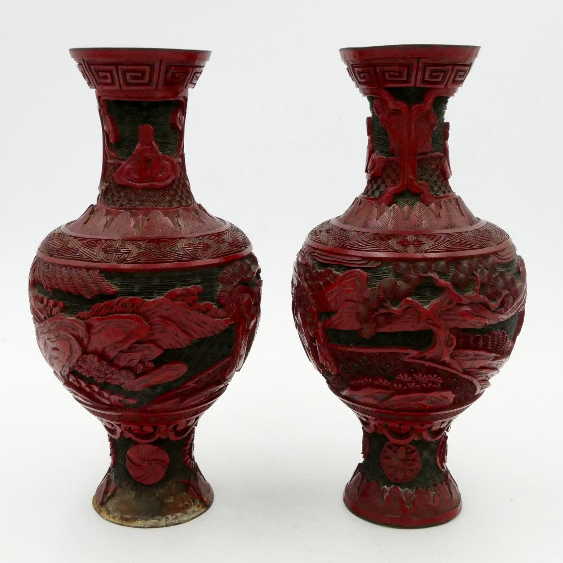 China, Pair Of Cinnabar Lacquer Vases, 19th Century, Figures, Landscapes. -photo-3