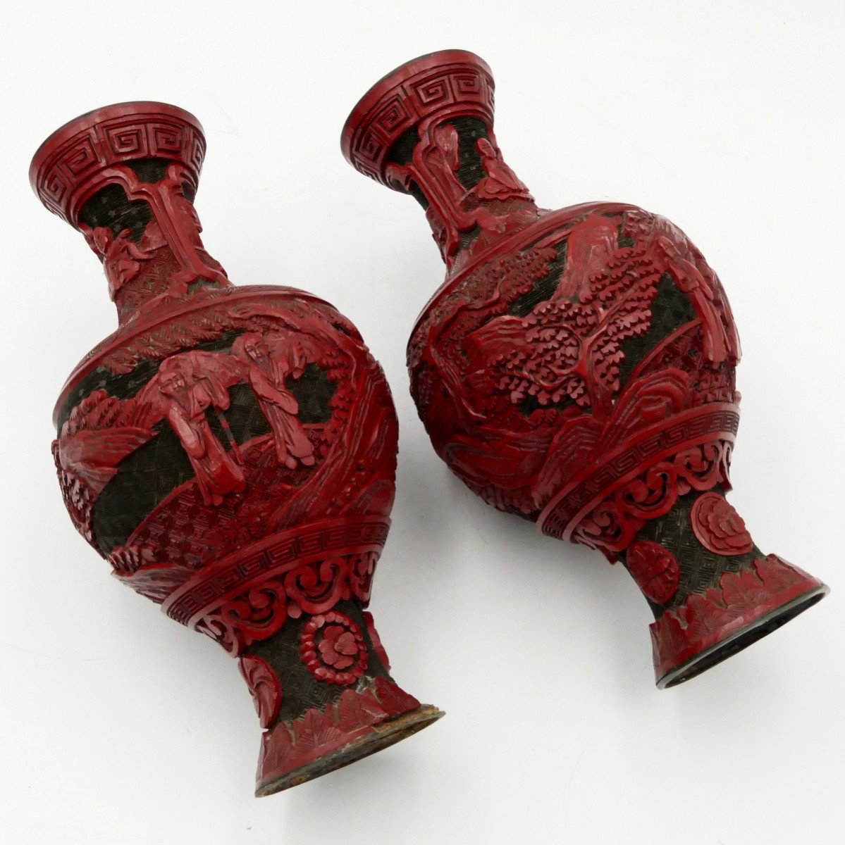 China, Pair Of Cinnabar Lacquer Vases, 19th Century, Figures, Landscapes. -photo-3
