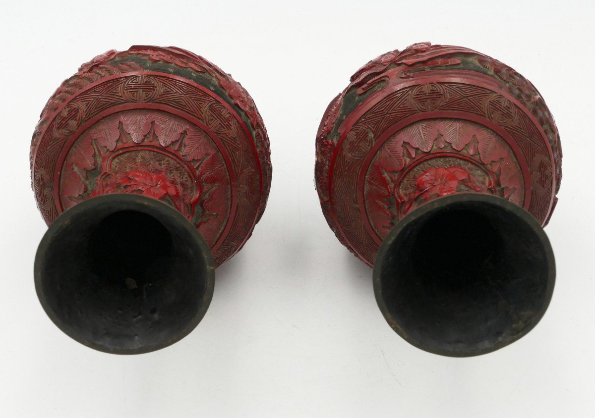 China, Pair Of Cinnabar Lacquer Vases, 19th Century, Figures, Landscapes. -photo-6
