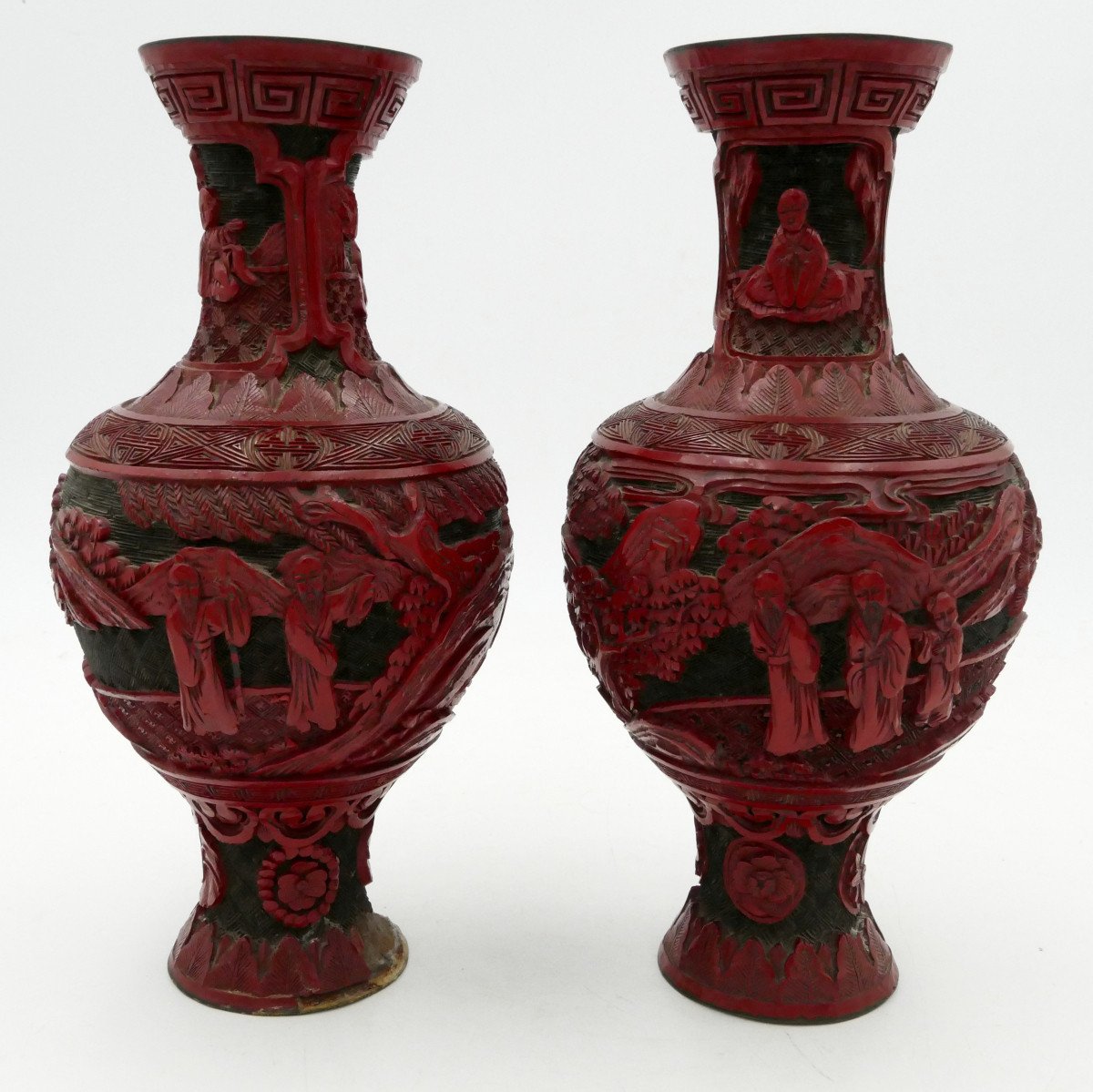 China, Pair Of Cinnabar Lacquer Vases, 19th Century, Figures, Landscapes. 
