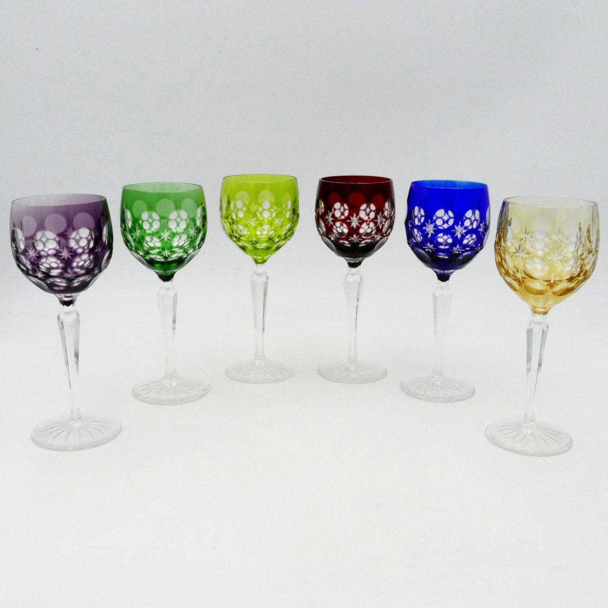6 Verres à Vin Blanc Du Rhin En Cristal, XXe Siècle, Bleu, Rouge, Vert, Violet, Ambre.-photo-2